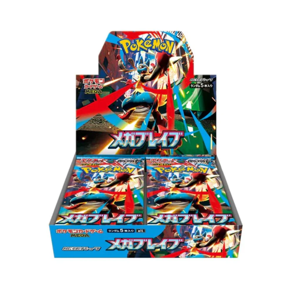 Mega Brave Japanese Pokémon Booster Box featuring Mega Evolution Pokémon with red and blue packaging