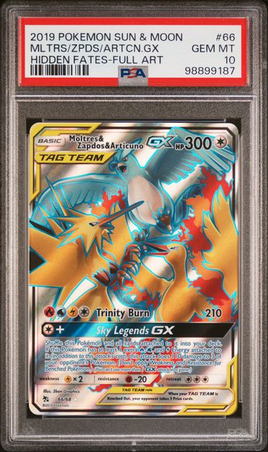 Moltres & Zapdos & Articuno GX 66/68 Tag Team Full Art Rare - Sun & Moon Hidden Fates - PSA Gem Mint 10