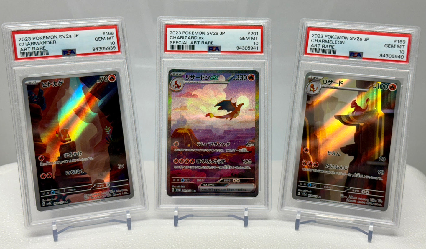 Charmander 168/165 AR, Charmeleon 169/165 AR & Charizard SAR 201/165 Sequentially Graded PSA 10’s